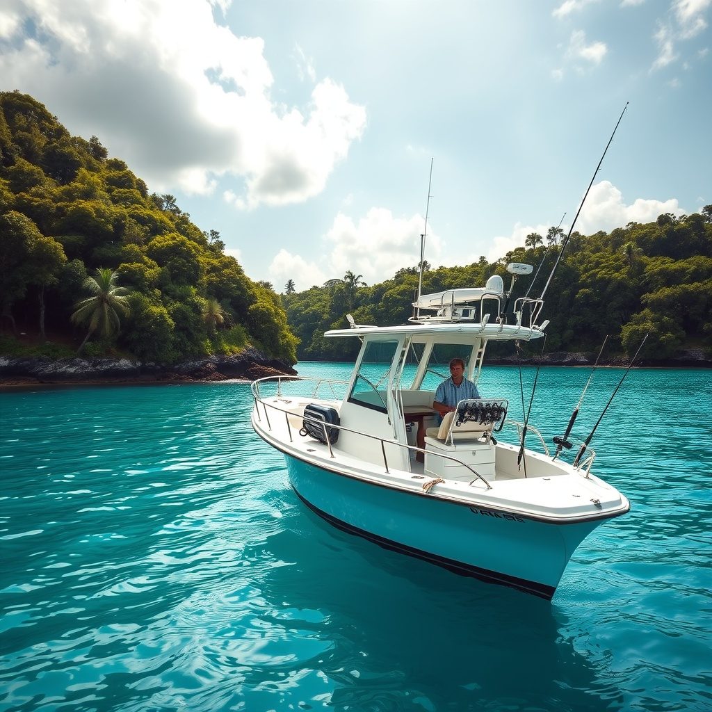 Fishing charter boat on a scenic lake